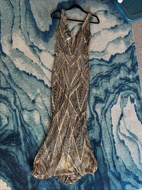 Sequined Geometric Gown in Gold and Black
